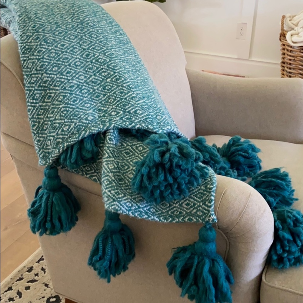 Anthropologie Turquoise Tassel Throw Blanket